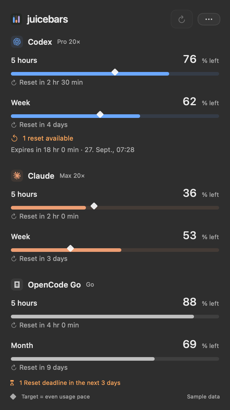 Juicebars popover with remaining quotas, reset times and even-pace markers for Codex, Claude and OpenCode Go.