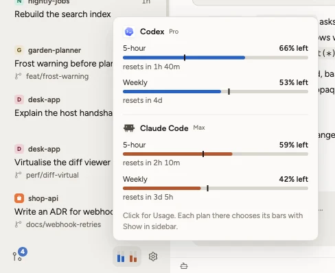 The limit bars at the foot of the sidebar with their card open: Codex Pro and Claude Code Max, each with a 5-hour and a weekly limit and when it resets.