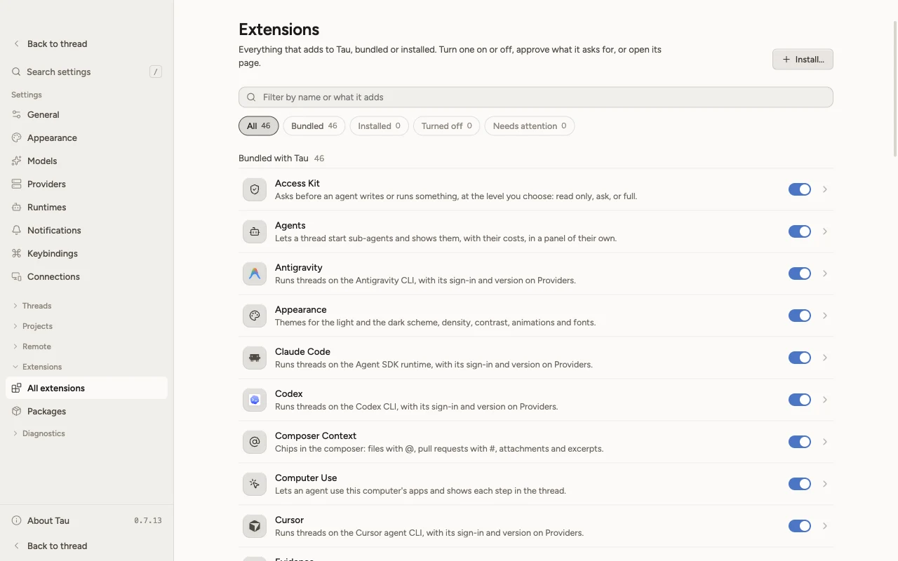 Settings, Extensions: 46 kits bundled with Tau, among them Access Kit, Agents, Antigravity, Appearance, Claude Code, Codex, Composer Context, Computer Use and Cursor, each with a switch.