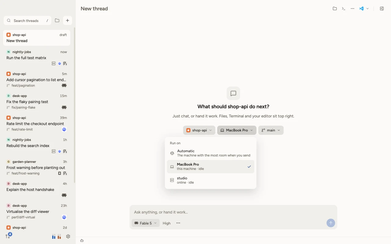 A new thread's Run on menu with Automatic, MacBook Pro (this machine) and studio (online, idle); the thread list shows studio's threads from the nightly-jobs project.