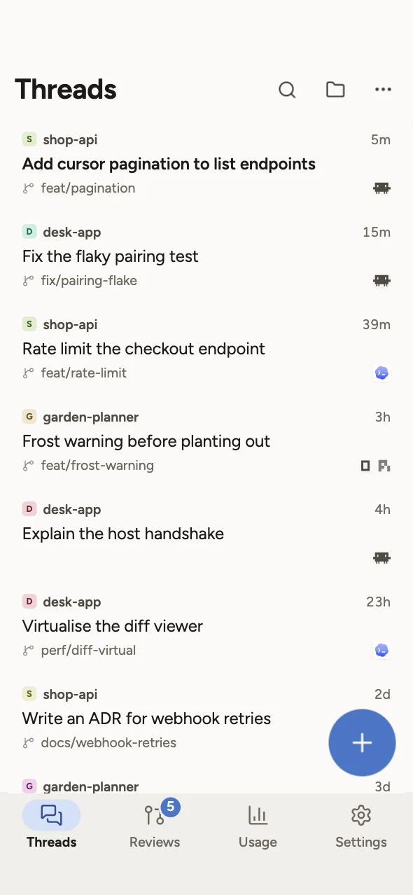 Tau on an iPhone: the thread list with the same threads as on the computer, and tabs for Threads, Reviews, Usage and Settings.