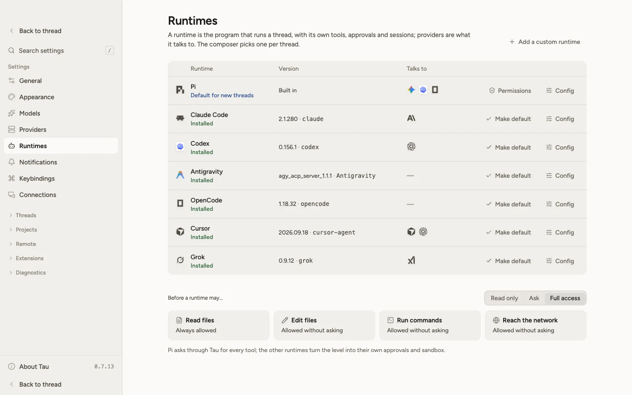 Settings, Runtimes: Pi built in and set as default; Claude Code, Codex, Antigravity, OpenCode, Cursor and Grok installed, each with its version and the providers it talks to.