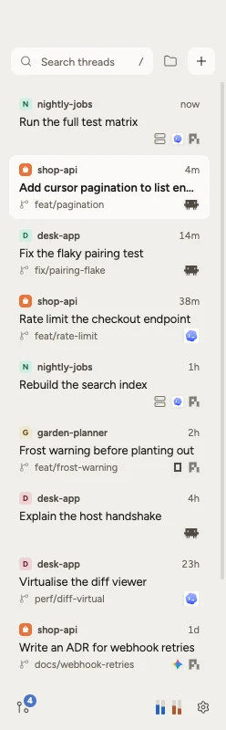 The thread list: threads from shop-api, desk-app, garden-planner and nightly-jobs, each with its branch, the runtime's icon and how long ago it ran.