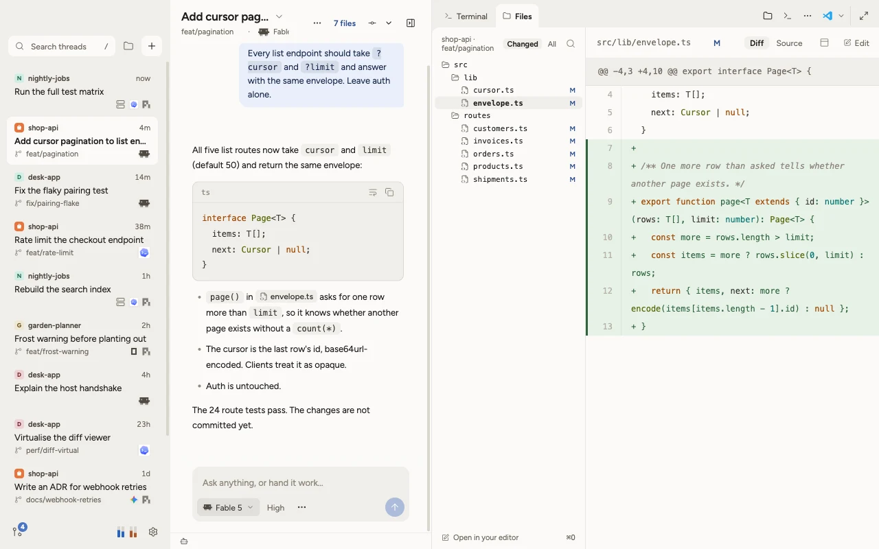 Tau's window: the thread list on the left; a thread in the middle where the agent explains the cursor pagination it added; on the right the stage with the thread's changed files and the diff of envelope.ts.